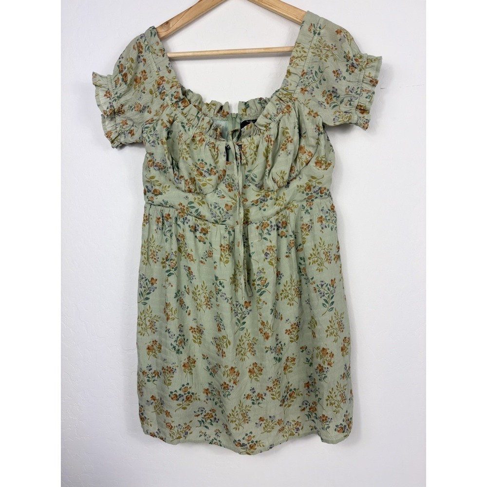 Lulus Floral Mini Dress Womens Sage Green Puff Sleeve Cottagecore Babydoll S - Picture 2 of 9